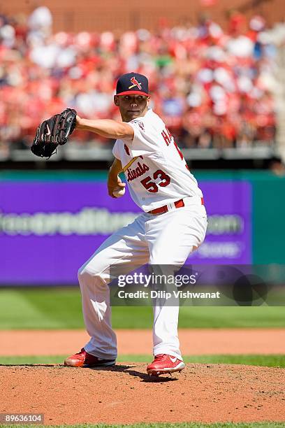 Relief pitcher Blake Hawksworth of the St. Louis Cardinals throws against the Houston Astros on August 2, 2009 at Busch Stadium in St. Louis,...