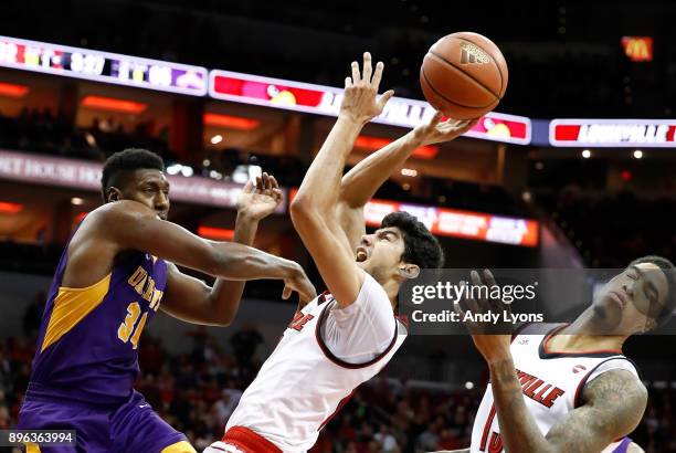 Anas Mahmoud of the Louisville Cardinals shoots the ball during the game against the Albany Great Danes at KFC YUM! Center on December 20, 2017 in...