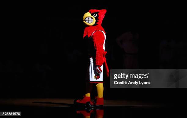 The Louisville Cardinals mascot stands on the floor before the game against the Albany Great Danes at KFC YUM! Center on December 20, 2017 in...