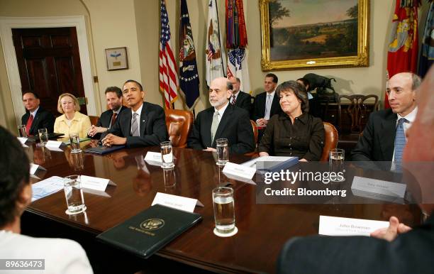 President Barack Obama, fourth from the left, meets with financial regulators in the Roosevelt Room of the White House in Washington, D.C., U.S., on...