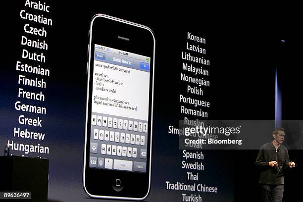 Scott Forstall, senior vice president in charge of iPhone software, talks about language support for the iPhone's new 3.0 update during the Apple...