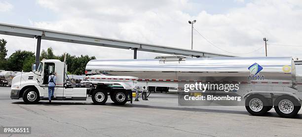 Sanitized truck waits to be filled with corn syrup outside of the Archer Daniels Midland Co. Corn processing facility in Decatur, Illinois, U.S., on...