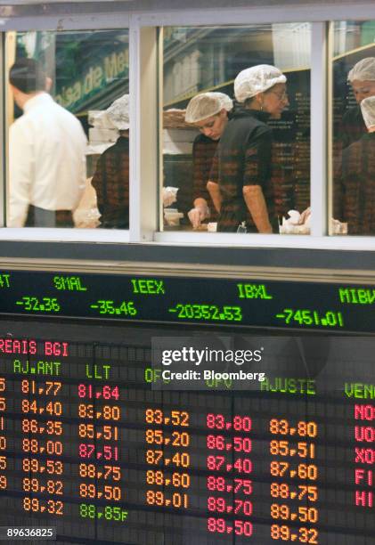 Kitchen workers prepare for a party of traders to celebrate the end of derivatives pit trading, at the Brazilian Bolsa de Mercadorias e Futuros, or...