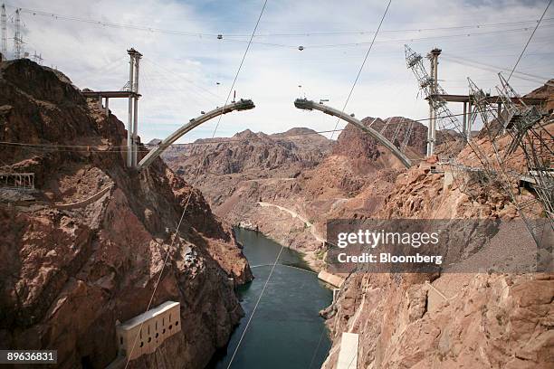 Construction continues on the Mike O'Callaghan-Pat Tillman Memorial Bridge, part of the Hoover Dam Bypass, over the Colorado River near Boulder City,...