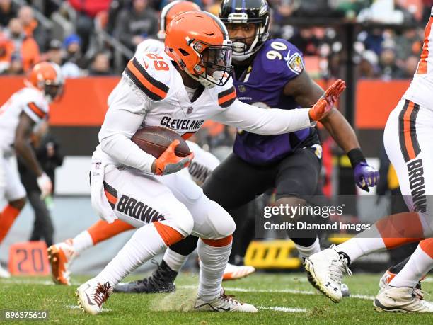 Running back Duke Johnson Jr. #29 of the Cleveland Browns carries the ball in the first quarter of a game on December 17, 2017 against the Baltimore...