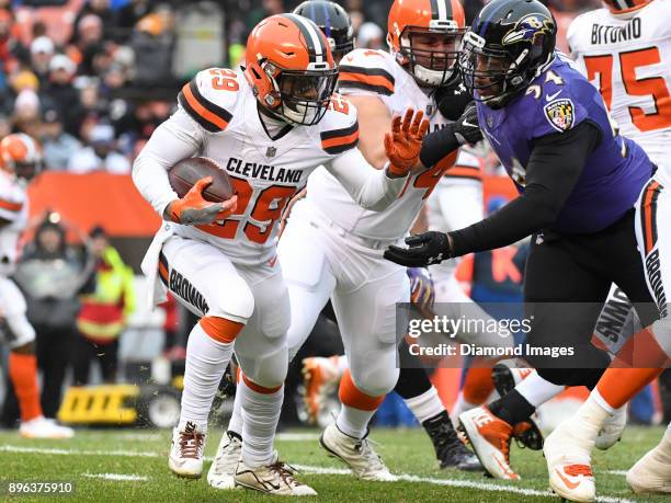 Running back Duke Johnson Jr. #29 of the Cleveland Browns carries the ball in the first quarter of a game on December 17, 2017 against the Baltimore...