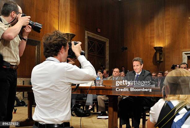 Timothy Geithner, U.S. Treasury secretary, waits to testify at a Senate Appropriations subcommittee hearing in Washington, D.C., U.S., on Tuesday,...