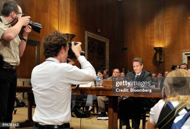 Timothy Geithner, U.S. Treasury secretary, waits to testify at a Senate Appropriations subcommittee hearing in Washington, D.C., U.S., on Tuesday,...