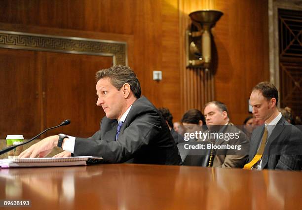 Timothy Geithner, U.S. Treasury secretary, testifies at a Senate Appropriations subcommittee hearing in Washington, D.C., U.S., on Tuesday, June 9,...