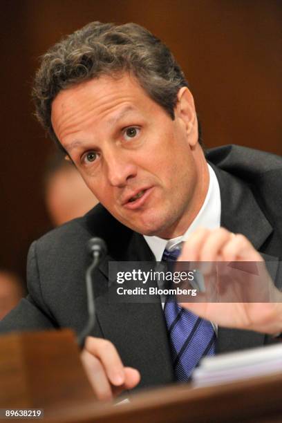 Timothy Geithner, U.S. Treasury secretary, testifies at a Senate Appropriations subcommittee hearing in Washington, D.C., U.S., on Tuesday, June 9,...