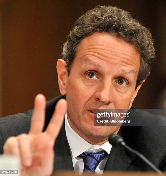 Timothy Geithner, U.S. Treasury secretary, testifies at a Senate Appropriations subcommittee hearing in Washington, D.C., U.S., on Tuesday, June 9,...