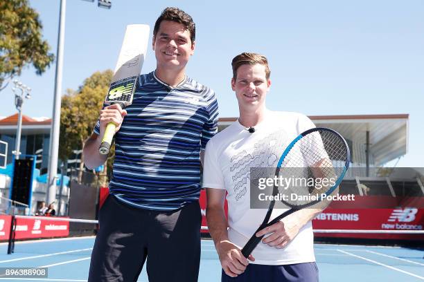 Milos Raonic and Steve Smith pose for a photo during a media opportunity at Melbourne Park on December 21, 2017 in Melbourne, Australia.