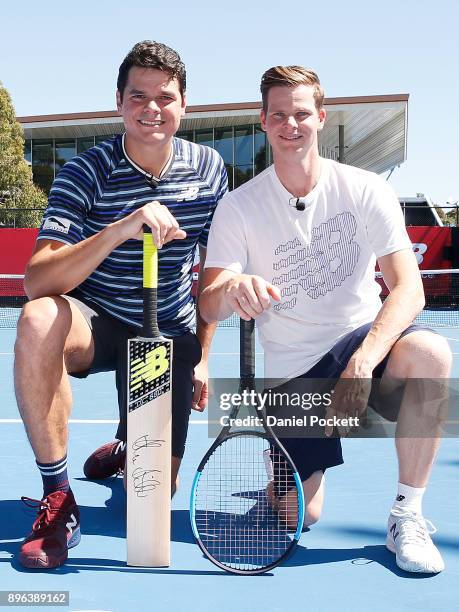 Milos Raonic and Steve Smith pose for a photo during a media opportunity at Melbourne Park on December 21, 2017 in Melbourne, Australia.