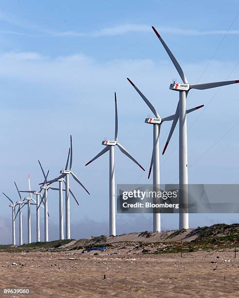 Wind turbines stand at the Hasaki Wind Farm in Kamisu City, Ibaraki Prefecture, Japan, on Tuesday, July 7, 2009. Prime Minister Taro Aso pledged on...