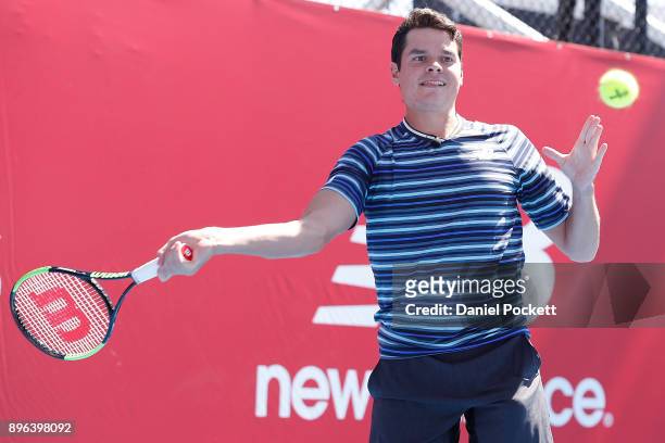 Milos Raonic hits a forehand during a media opportunity at Melbourne Park on December 21, 2017 in Melbourne, Australia.