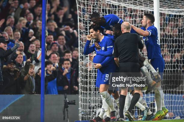 Chelsea Forward Alvaro Morata celebrates with his teammates a late goal during the Carabao Cup Quarter - Final match between Chelsea and AFC...