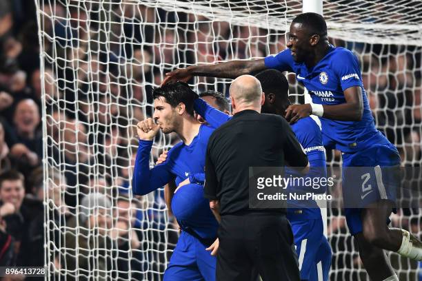 Chelsea Forward Alvaro Morata celebrates his goal and a baby during the Carabao Cup Quarter - Final match between Chelsea and AFC Bournemouth at...