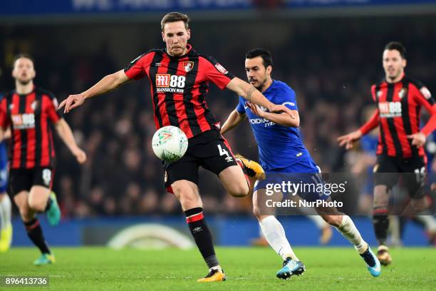 Bournemouth's Dan Gosling clears from Chelsea Forward Pedro during the Carabao Cup Quarter - Final match between Chelsea and AFC Bournemouth at...