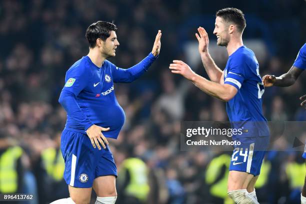 Chelsea Defender Gary Cahill congratulates Chelsea Forward Alvaro Morata on his late goal during the Carabao Cup Quarter - Final match between...