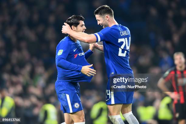 Chelsea Defender Gary Cahill and Alvaro Morata celebrate the late goal to win during the Carabao Cup Quarter - Final match between Chelsea and AFC...