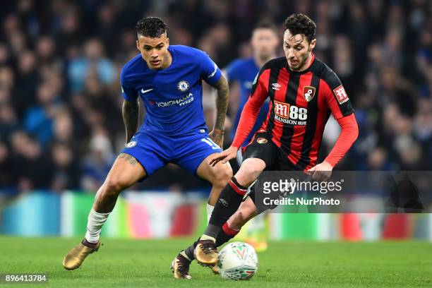 Bournemouth's Adam Smith is watched closely by Chelsea Midfielder Kenedy during the Carabao Cup Quarter - Final match between Chelsea and AFC...