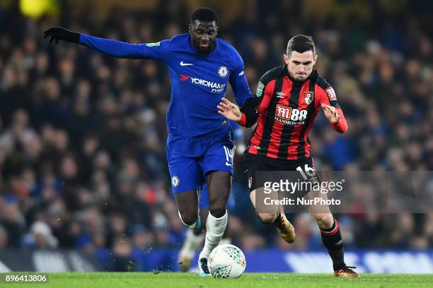 Chelsea Midfielder Tiemoue Bakayoko is harassed by Bournemouth's Lewis Cook during the Carabao Cup Quarter - Final match between Chelsea and AFC...