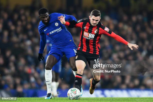 Chelsea Midfielder Tiemoue Bakayoko and Bournemouth's Lewis Cook battle for the ball during the Carabao Cup Quarter - Final match between Chelsea and...