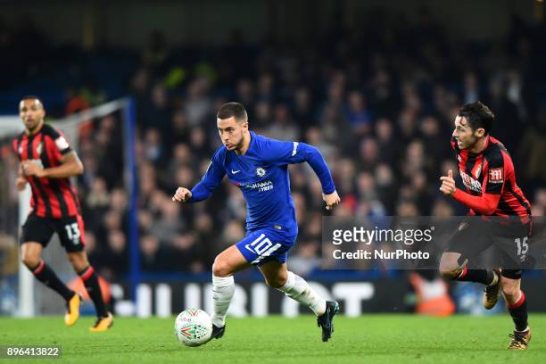 Chelsea Midfielder Eden Hazard gets away from Bournemouth's Adam Smith during the Carabao Cup Quarter - Final match between Chelsea and AFC...