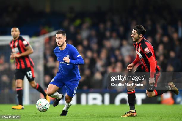 Chelsea Midfielder Eden Hazard is watched by Bournemouth's Adam Smith during the Carabao Cup Quarter - Final match between Chelsea and AFC...