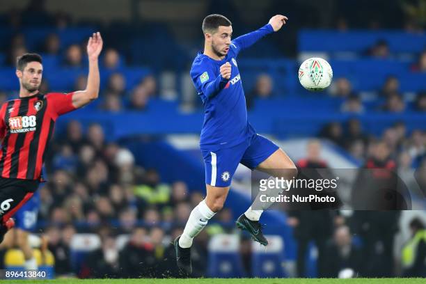 Chelsea Midfielder Eden Hazard closely watches the ball during the Carabao Cup Quarter - Final match between Chelsea and AFC Bournemouth at Stamford...