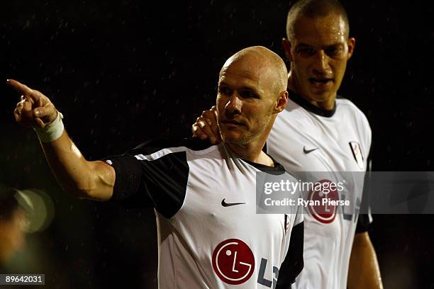 Andrew Johnson of Fulham celebrates scoring the second goal of the game during the UEFA Europa League Third Qualifying Round, Second Leg match...