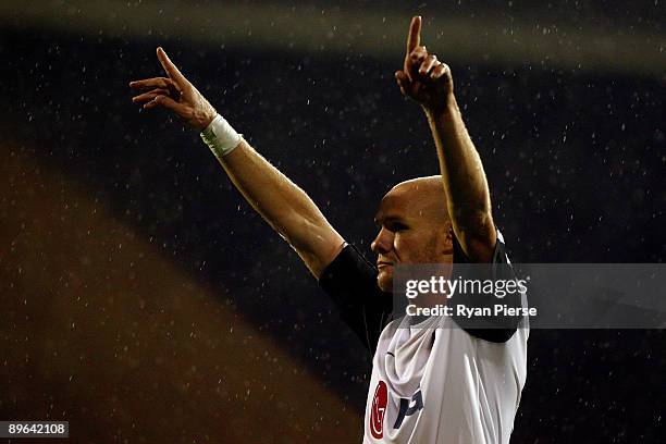 Andrew Johnson of Fulham celebrates scoring the second goal of the game during the UEFA Europa League Third Qualifying Round, Second Leg match...