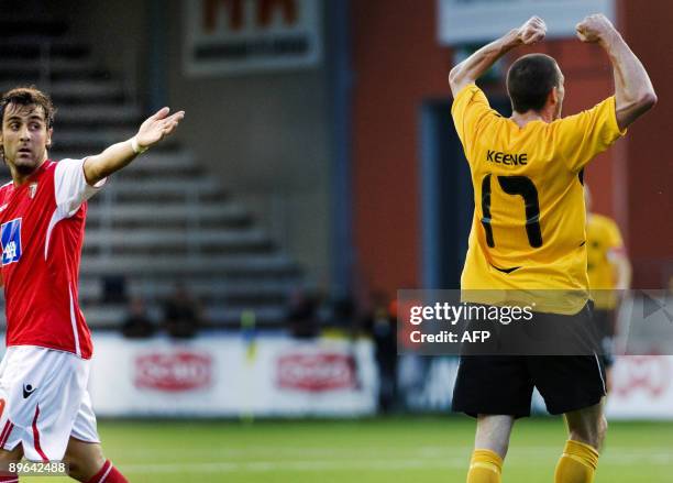 Elfsborg's James Keene jubilates after his second goal during the Europa League third qualifying round football match Elfsborg vs. Braga on August 6,...