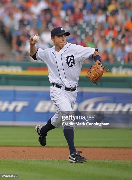 Brandon Inge of the Detroit Tigers throws against the Baltimore Orioles during the game at Comerica Park on August 4, 2009 in Detroit, Michigan. The...