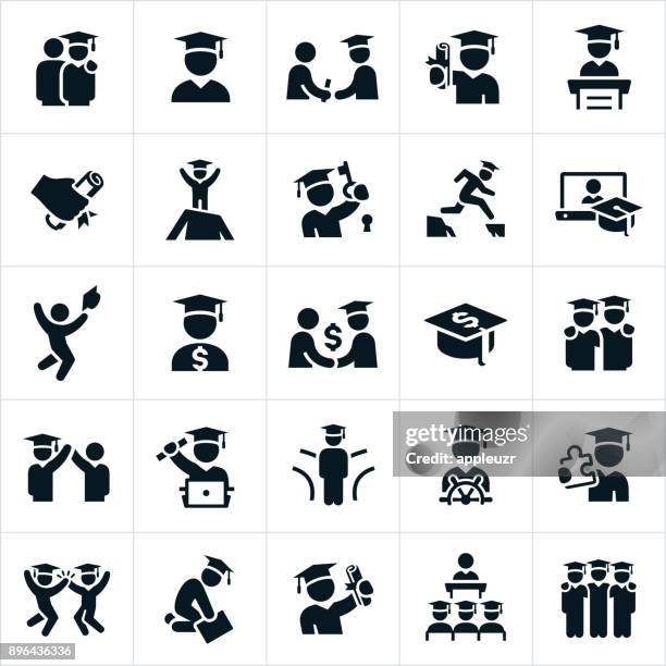 ilustraciones, imágenes clip art, dibujos animados e iconos de stock de iconos de graduados - graduación