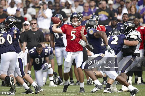 Baltimore Ravens QB Joe Flacco in action, pass during training camp workout at McDaniel College. Westminster, MD 7/31/2009 CREDIT: Al Tielemans