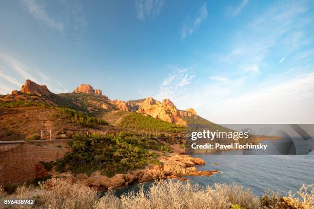 dramatic cap esterel coastline at fall-time sunset on french riviera, france - south of france stock-fotos und bilder