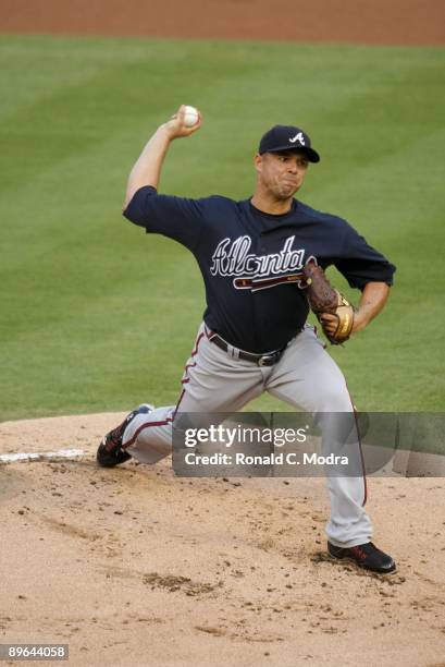 Pitcher Javier Vazquez of the Atlanta Braves pitches during a MLB game against the Florida Marlins on July 30, 2009 at Land Shark Stadium in Miami,...
