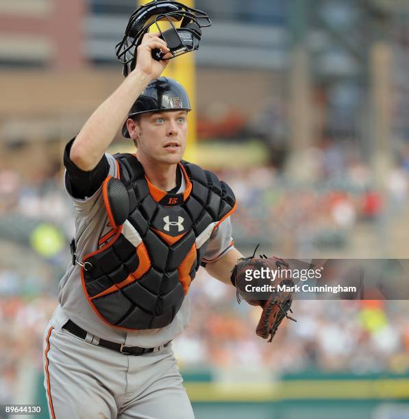 Matt Wieters of the Baltimore Orioles fields against the Detroit Tigers during the game at Comerica Park on August 4, 2009 in Detroit, Michigan. The...