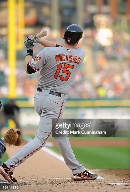 Matt Wieters of the Baltimore Orioles bats against the Detroit Tigers during the game at Comerica Park on August 4, 2009 in Detroit, Michigan. The...