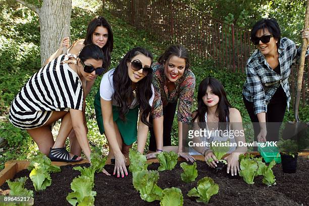Kourtney Kardashian, Kendall Jenner, Kim Kardashian, Khloe Kardashian, Kylie Jenner and Kris Jenner plant a vegetable garden at their family home on...