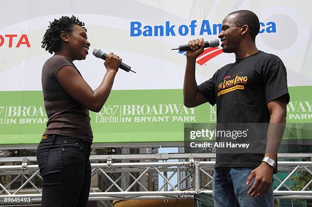 Castmembers Ta'Rea Campbell and Dashaun Young of "The Lion King" perform during the 2009 Broadway in Bryant Park concert series August 6, 2009 in New...