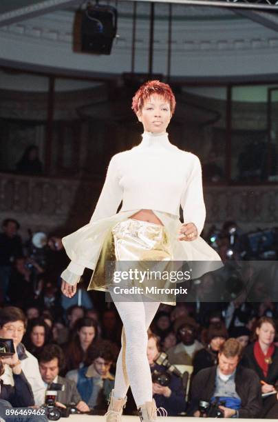 Naomi Campbell, models John Rocha at London Fashion Week 1993, 5th March 1993.