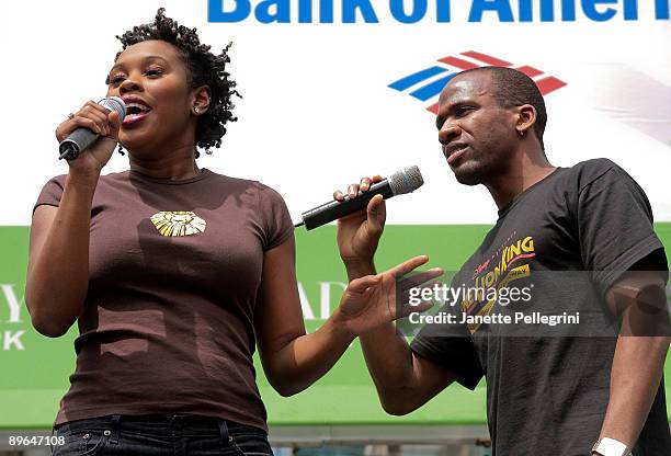 Ta'Rea Campbell and Dashaun Young from the cast of The Lion King perform during the 2009 Broadway in Bryant Park concert series presented by 106.7...