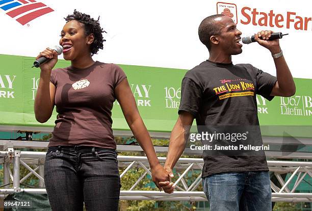 Ta'Rea Campbell and Dashaun Young from the cast of The Lion King perform during the 2009 Broadway in Bryant Park concert series presented by 106.7...