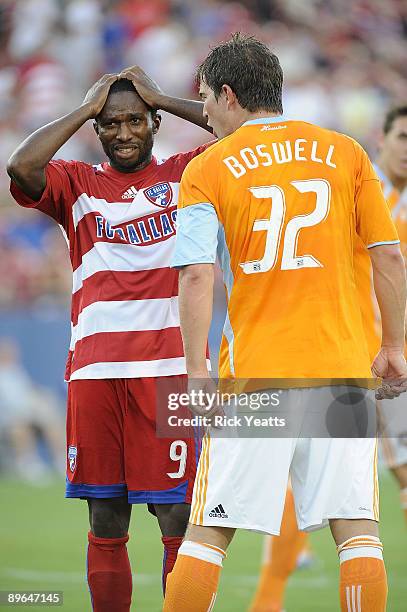 Bobby Boswell of the Houston Dynamo reacts to a missed penalty kick by Jeff Cunningham of the FC Dallas at Pizza Hut Park August 6, 2009 in Frisco,...