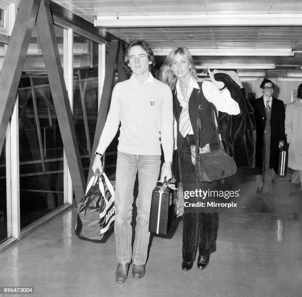 Barry Sheene, British World Champion Grand Prix motorcycle road racer, pictured with girlfriend Stephanie McLean at London Heathrow Airport, 10th...