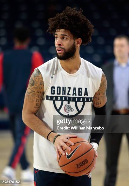 Josh Perkins of the Gonzaga Bulldogs looks on during warm ups prior to the game against the North Dakota Fighting Hawks at McCarthey Athletic Center...