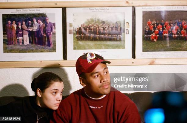 All Blacks rugby player Jonah Lomu and his girlfriend Tanya Rutter during a press conference, while on a visit to Blaina, South Wales, 21st November...