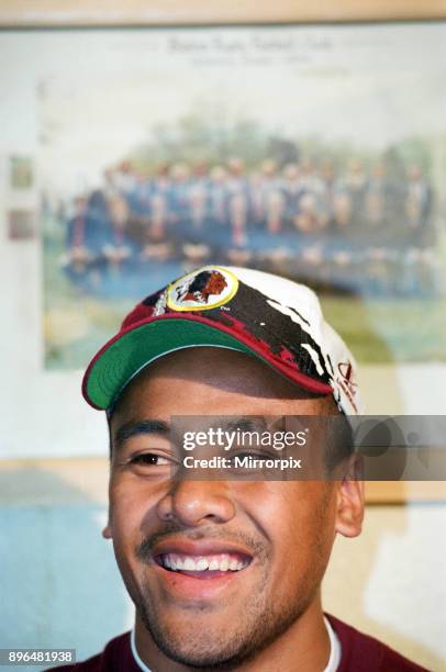 All Blacks rugby player Jonah Lomu during a press conference, while on a visit to Blaina, South Wales, 21st November 1995.